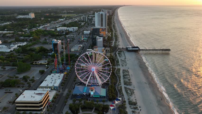 Aerial view of the Myrtle Beach fishing pier during a nice sunrise.