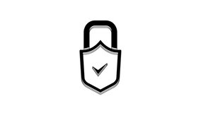 Black Open padlock and check mark icon isolated on white background. Cyber security concept. Digital data protection. Safety safety. 4K Video motion graphic animation.