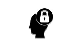 Black Human head with lock icon isolated on white background. 4K Video motion graphic animation.
