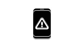 Black Mobile phone with exclamation mark icon isolated on white background. Alert message smartphone notification. 4K Video motion graphic animation.