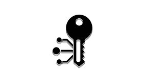Black Cryptocurrency key icon isolated on white background. Concept of cyber security or private key, digital key with technology interface. 4K Video motion graphic animation.