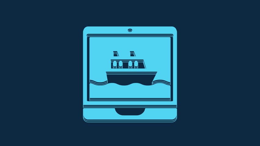Blue Cruise ship icon isolated on blue background. Travel tourism nautical transport. Voyage passenger ship, cruise liner. Worldwide cruise. 4K Video motion graphic animation.