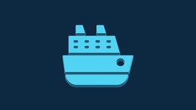 Blue Cruise ship icon isolated on blue background. Travel tourism nautical transport. Voyage passenger ship, cruise liner. Worldwide cruise. 4K Video motion graphic animation.