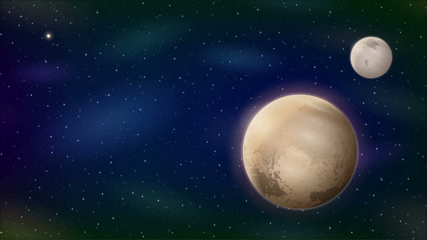 Fullhd 1920x1080 Progressive Seamlessly Looping Video of Space with Planet Pluto and Moon Charon, Sun, Bright Stars and Nebulas. Animated Background