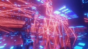 Hi-tech neon sci-fi tunel. Trendy neon glow lines form pattern and construction in mirror tunnel. Laser show Fly through technology cyberspace. 3d looped seamless 4k bright background. 3D Illustration