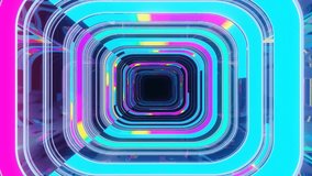 multicolor pattern. 4k seamless looped animation. Fly through mirror tunnel with neon pattern, glow lines form sci fi pattern. Bright reflection neon light. Simple bright background. 3D Illustration