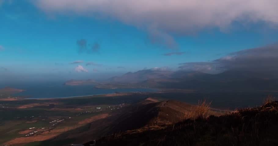 Stunning 4K aerial timelapse video of Dingle Peninsula coastline with moving clouds and shadows