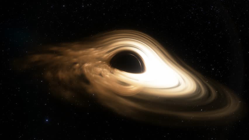 Supermassive black hole. Accretion disk of matter on the event horizon of black hole. Space, light and time are distorted by strong gravity on the event horizon Royalty-Free Stock Footage #1103101649