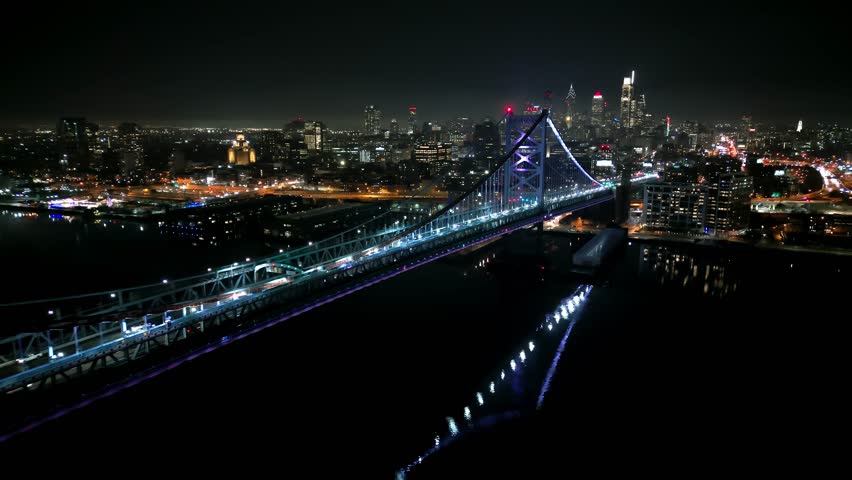 Benjamin Franklin Bridge and Skyline of Philadelphia at night - aerial view - drone photography