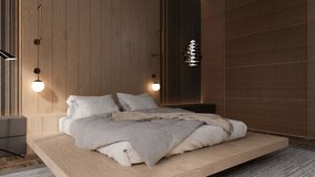 Modern japandi and minimal style bedroom interior design and decoration with wooden bed, white bed sheet and grey blanket. 3d rendering 4k video animation interior scene - Powered by Shutterstock - Get 15% off with code: PIKWIZARD15