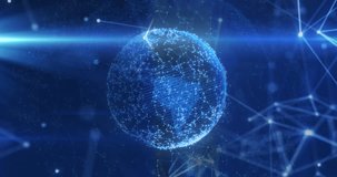 Animation of globe with connections and data processing. Global connections, data processing, computing and digital interface concept digitally generated video.