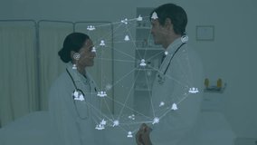 Animation of network of connections over diverse doctors. Global connections, medicine, healthcare and data processing concept digitally generated video.