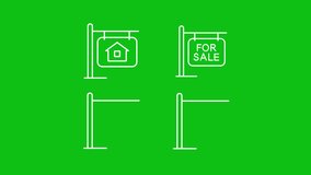 Animated lawn signs white line icons. Real estate agent. Property for sale. Seamless loop HD video with alpha channel on transparent background. Outline motion graphic animation for night mode