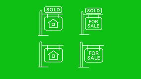 Animated lawn signs white line icons. Real estate agent. Property for sale. Seamless loop HD video with alpha channel on transparent background. Outline motion graphic animation for night mode