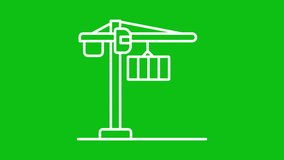 Animated tower crane white line icon. Construction equipment. Lifting mechanism. Seamless loop HD video with alpha channel on transparent background. Outline motion graphic animation for night mode