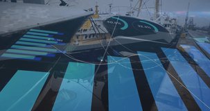 Animation of data processing over port with boats. Global business, finances and digital interface concept, digitally generated video.