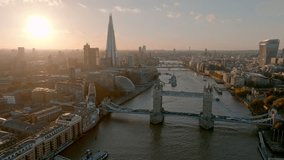 Aerial view of the Tower bridge in London, UK. Beautiful panorama of London.