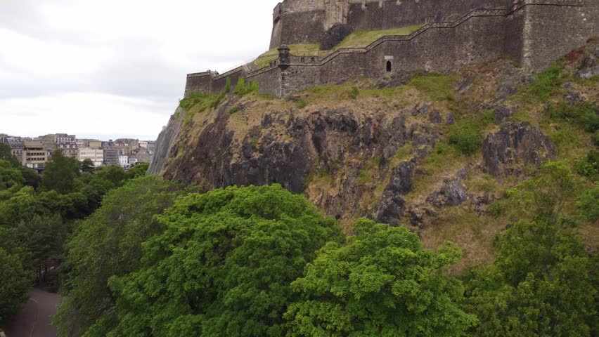 AERIAL: Edinburgh Castle panoramic close up view. Scotland. UK