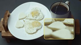 Video collage ofFried chicken eggs with parmigiano and mozzarella cheese, shape in the form of a heart. Mixing hot coffee and sugar in mug. Food for Valentine's Day as surprise for a loved one. 4K