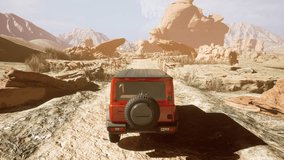 3D animation of car racing simulator. Off-road SUV vehicle drifting and driving along canyon or desert out of city. Gameplay of racing video game with interface. Playback on computer or mobile screen.