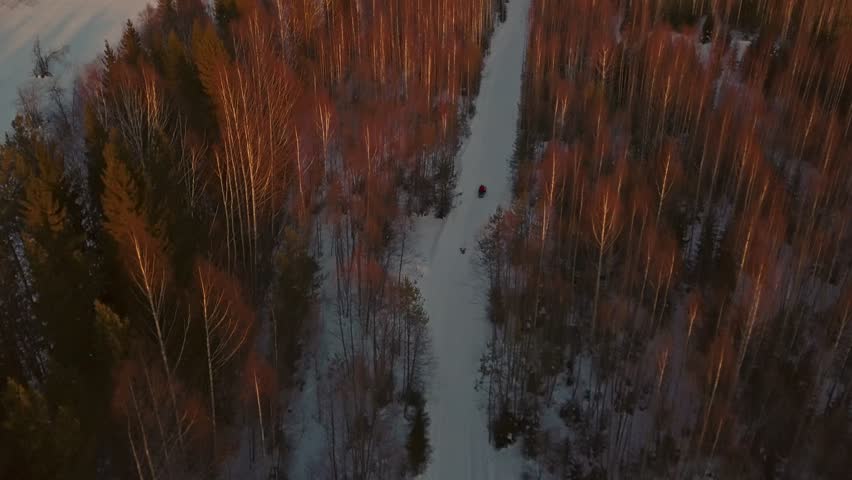 Winter views taken from a helicopter. Clip. Small villages in the middle of forests on which sunlight falls.