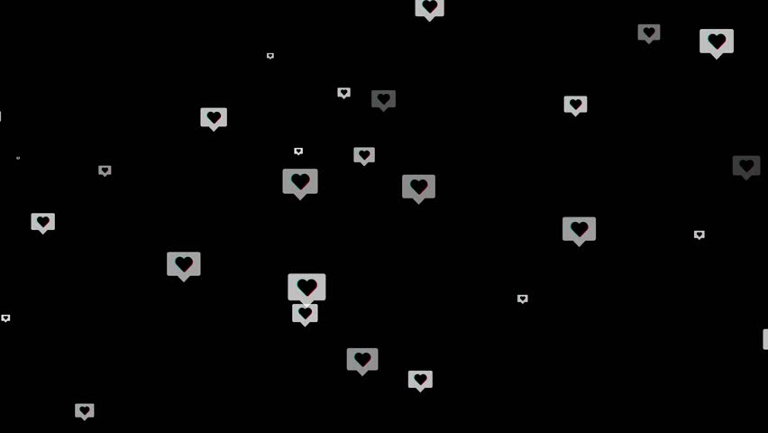 Glitched Hearts, SNS Like button icons Floating on black background. Social Networking Like or Love Button, short-form video, dance or music oriented SNS concept. 4K Motion Graphics video
