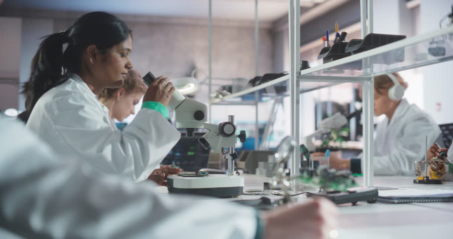 Modern Science Research Laboratory in University: Diverse Young Scientists in White Coats Using Microscope, Soldering Circuit Boards and Microchips for a Technology Project in School Royalty-Free Stock Footage #1103121309