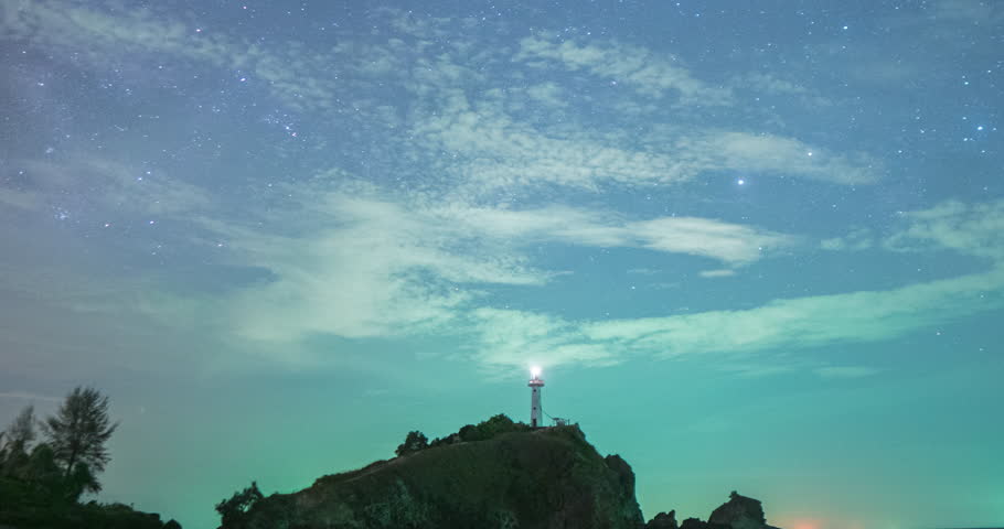 
galaxy stars in starry sky Time lapse above the lighthouse shining at night 
