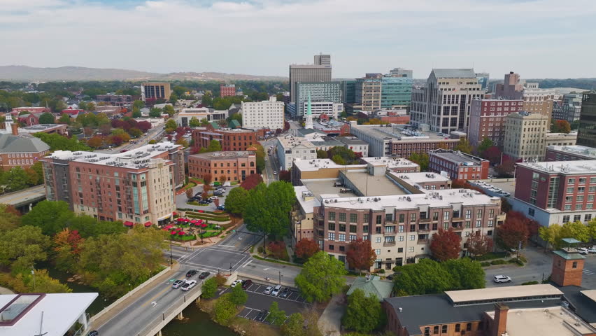 Downtown architecture of Greenville city in South Carolina. View of office and apartment buildings in american city. US travel destination. Royalty-Free Stock Footage #1103123999