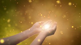 Conceptual Visualization Of Male Or Female Hands Reaching Out In Prayer On Magical Dark Yellow Background. Person Connecting With Higher Spiritual Energy Through Bright Light In Their Palms. - Powered by Shutterstock - Get 15% off with code: PIKWIZARD15