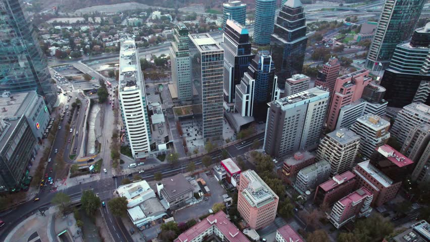 Panoramic Aerial View Above Financial Center of Santiago, Chile, Skyscrapers and Streets of Tobalaba Neighborhood