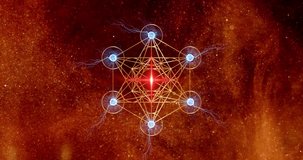 Video animation Metatron's Cube, Flower of Life. Golden Sacred geometry, special effects technology red galaxy background. Mystic gold icon platonic solids, abstract geometric drawing, crop circles