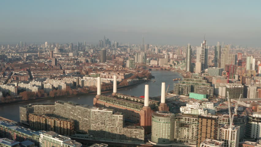 Rising aerial shot over London skyline from Battersea power station Royalty-Free Stock Footage #1103131269