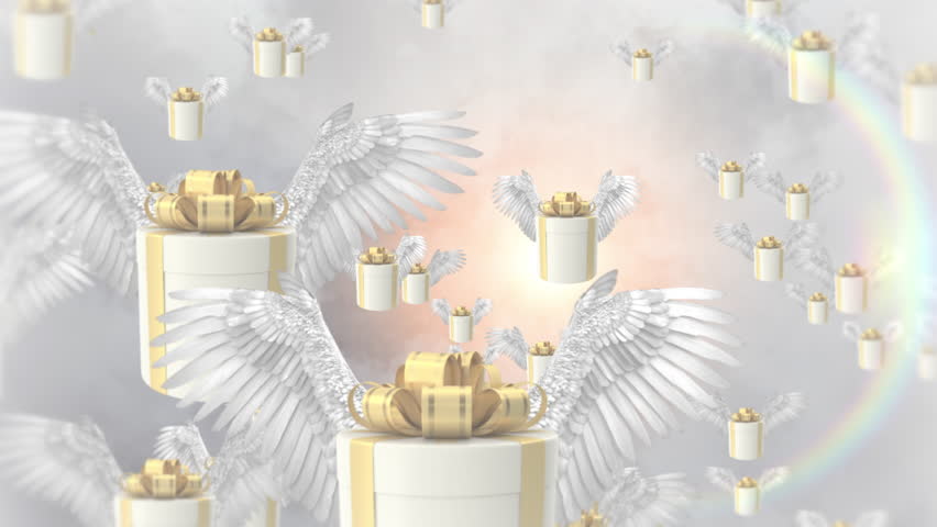 Angel Winged Gift Boxes. Gift Boxes With Angel Wings are Flying Above the Clouds. 3D Animation. 02