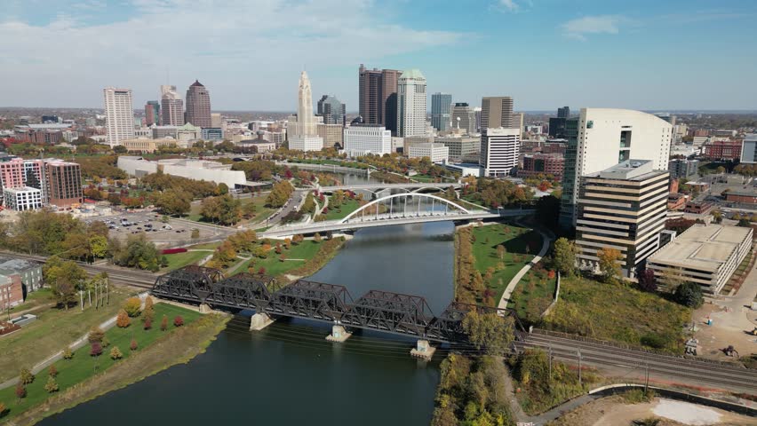 Aerial descent along Scioto River toward downtown Columbus, Ohio