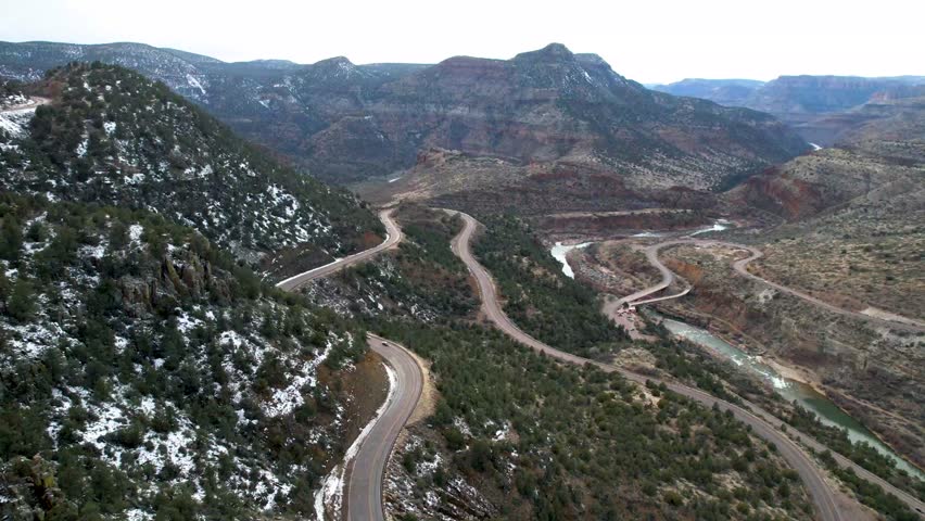 Salt River Canyon Route 60 Arizona, winding road down to bridge over river- aerial