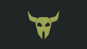 Green Buffalo skull icon isolated on black background. 4K Video motion graphic animation.