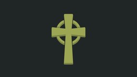 Green Tombstone with cross icon isolated on black background. Grave icon. 4K Video motion graphic animation.