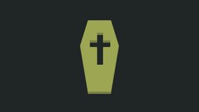 Green Coffin with christian cross icon isolated on black background. Happy Halloween party. 4K Video motion graphic animation.