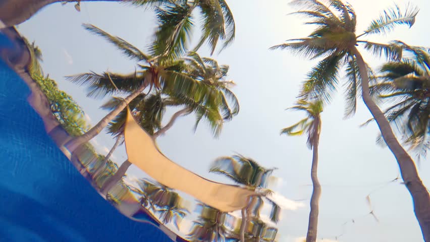 Palm trees viewed from inside a pool under the water ripples - Slow Motion
