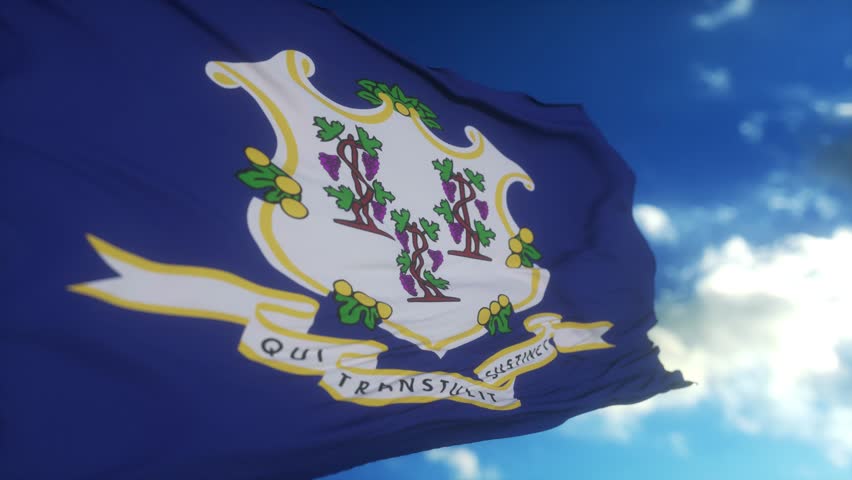 Flag of Connecticut state, region of the United States, waving at wind