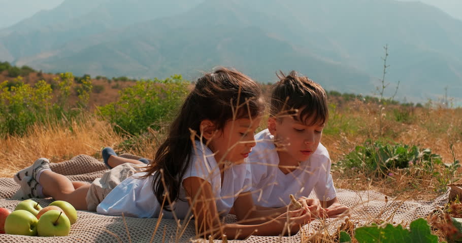 Serious bored kids talking to each other laying on a blanket in nature. Dependence on gadgets concept. | Shutterstock HD Video #1103149101