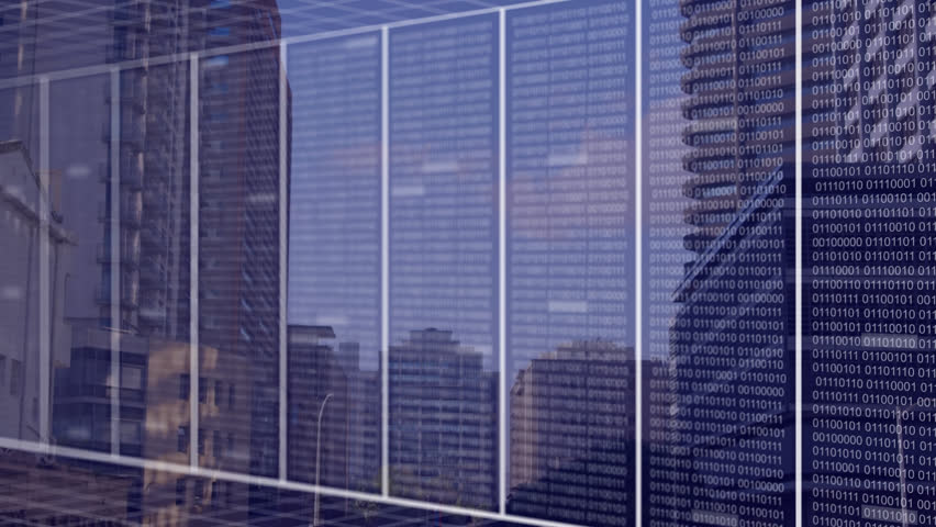 Animation of data processing over cityscape. Global connections, business, computing, digital interface and data processing concept digitally generated video.