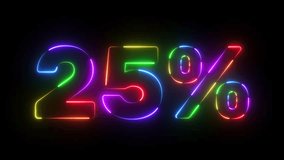 25 percent neon sign in rainbow colours, loop animation