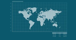 Animation of financial data processing over world map. Global business, finances, computing and data processing concept digitally generated video.