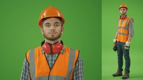 2-in-1 Split Green Screen Collage:Young Bearded Civil Engineer Wearing Checkered Shirt with Earmuff,Safety Jacket.Hard Hat,Lifting Circular Saw Up and Making OK Gesture.Multiple Clips Best Value Pack