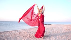 Slow Motion beautiful girl on the seashore in a long red dress 