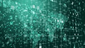 World map with financial chart concept. Blinking pixels and dots on green screen. Grid of changing numbers and lines. Looped motion graphics. - Powered by Shutterstock - Get 15% off with code: PIKWIZARD15