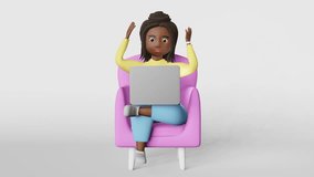 Scared stressed African American woman employee 3D animation working on laptop remotely having video conference talking web call Corporate meeting. Diverse freelancer missing deadline. Online studying