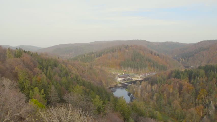 Autumn forest and mountains, panorama, Zagórze Śląskie